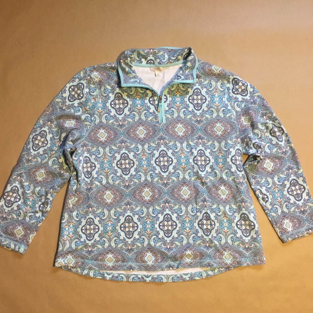 Talbots Patterned Quarter‑Zip Pullover in Blue and Cream